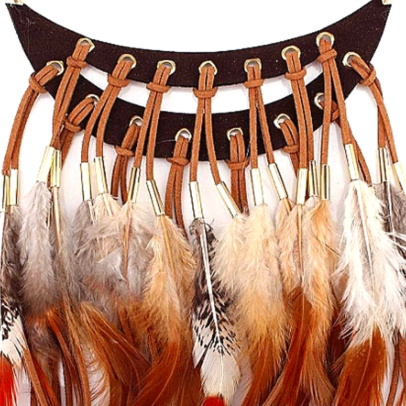 Boho Leather Feather Choker Chain Necklace - Picture 2 of 3